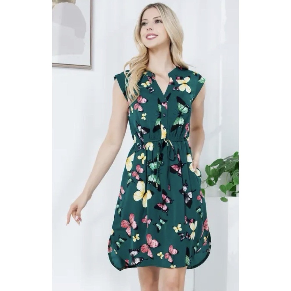 Green Butterfly Print Dress Cap Sleeve Lined‎ Elastic Waist Pockets Hi Low L